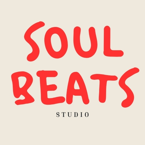 Logo of Soul Beats. The background is a soft brown color while the color is in bright red. At the bottom you can read "studio" in black letters.