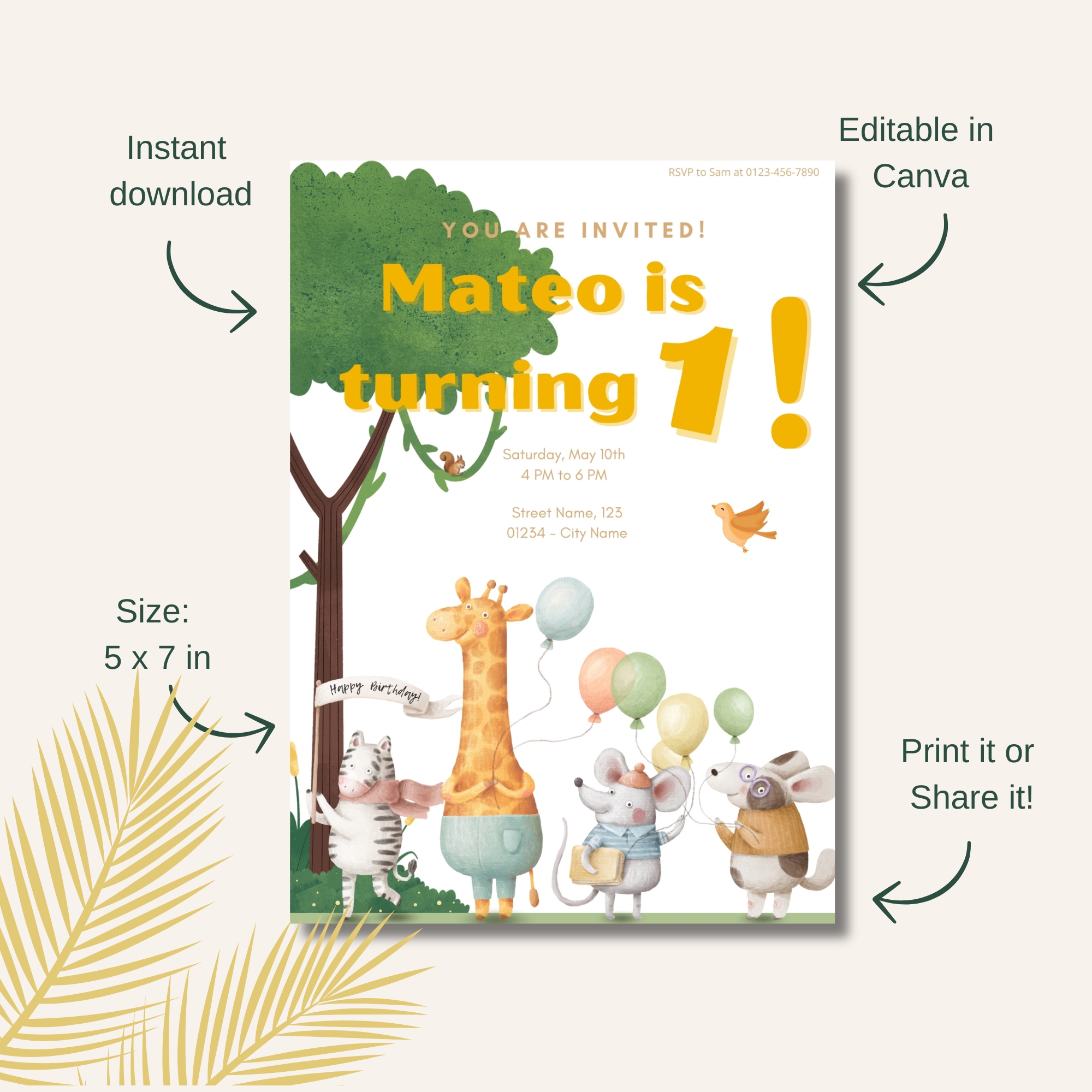 Birthday Invitation Safari digital template canva instant download